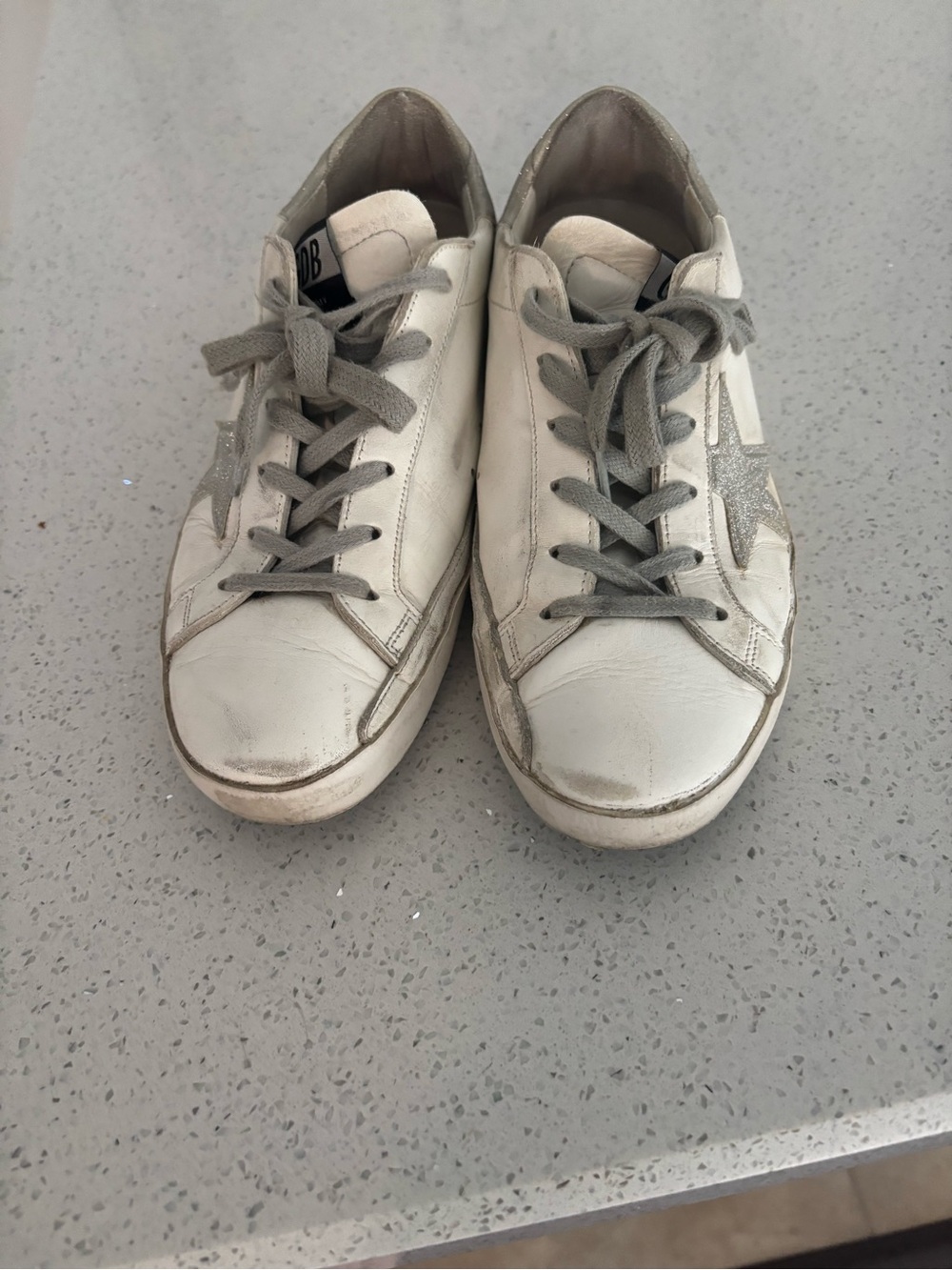 Golden Goose Superstar White Leather Sneakers with Gray Laces and Silver Star